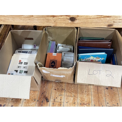 40 - Three boxes of stamp, albums, first day covers, etc.