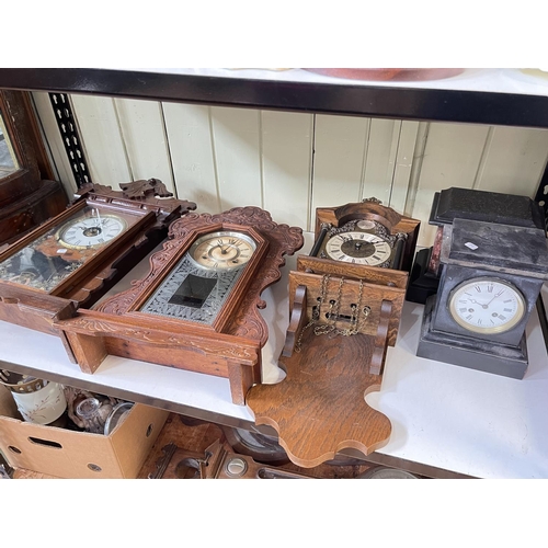 66 - Two slate mantel clocks, two Gingerbread clocks and wall clock.