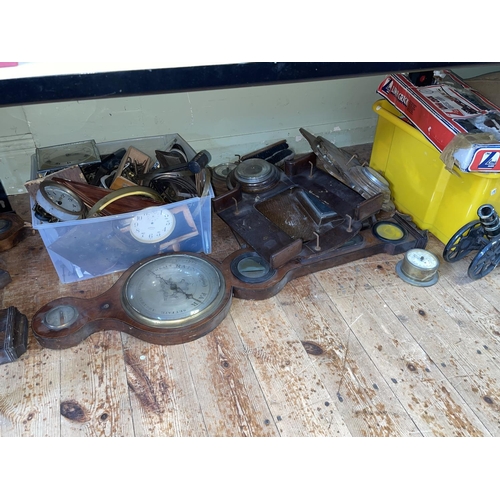 67 - Collection of Victorian barometers, clocks, nine boxes of china, records, plant stand etc.