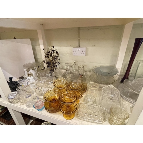 72 - Large collection of glassware, pair of brass candlesticks, companion set, cutlery, mirror, pictures ... 