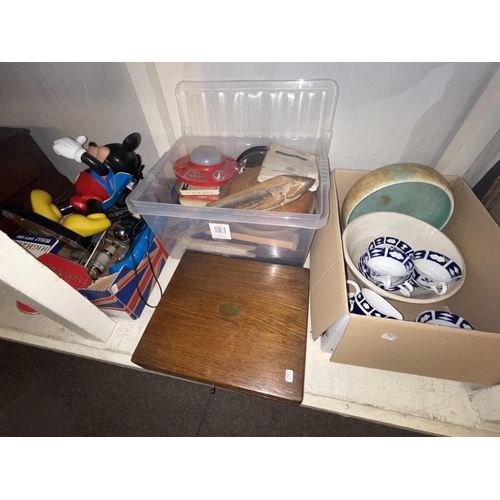 76 - Assorted cutlery, Mickey Mouse telephone, spirit optics, teaware, weaving looms, etc.