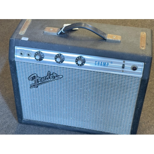 79 - Fender Champ amplifier, Panasonic tuner, speakers, microphone, etc.