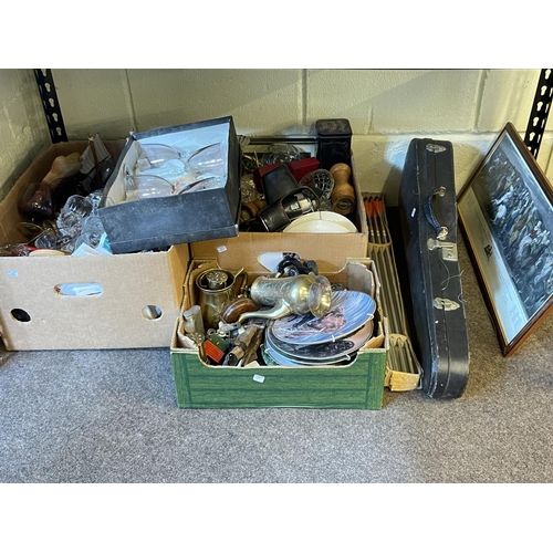 80 - Three boxes of china and glass, Zenit-e Camera, cased violin and bow, Bjorn Bengtson arrows, etc.