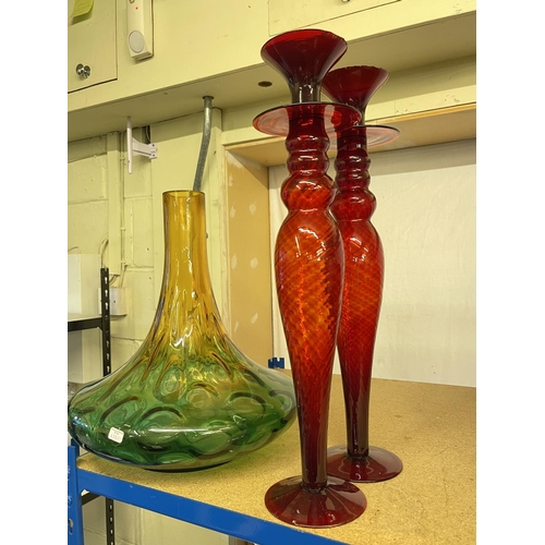 82 - Large W German vases, table lamp, Goddess figure, glass vase, candle holders and goblets, Mauchline ... 