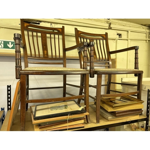 83 - Pair of Edwardian inlaid mahogany armchairs, piano accordion and various pictures.