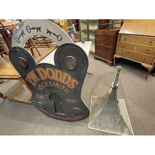 94 - Wooden sign 'PW Dodds, Locksmith Pendleton' and tannoy speaker.