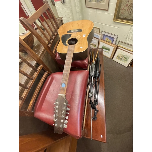 118 - Guitar, drum with sticks, Loco amp, Laney speakers, mandolin and banjo.