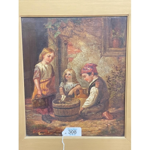 308 - Alfred Dixon (1842-1919), Children Reading and At Play, pair oils on canvas, both signed, 29cm by 24... 