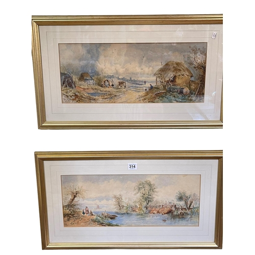 314 - W S Allely, Eel Fishing and Rural Scene, pair watercolours, both signed, 19cm by 47cm, in gilt glaze... 