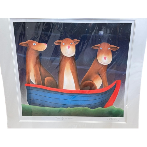 318 - Mackenzie Thorpe, Three Dogs in a Boat, limited edition silkscreen, signed, titled and numbered in t... 