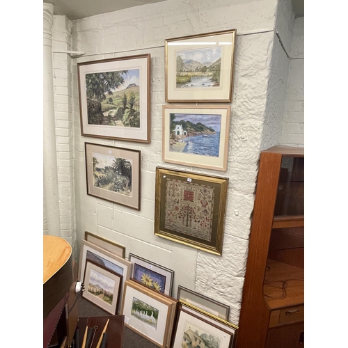 326 - Framed sampler 1830, and collection of 14 various framed watercolours and pastels.