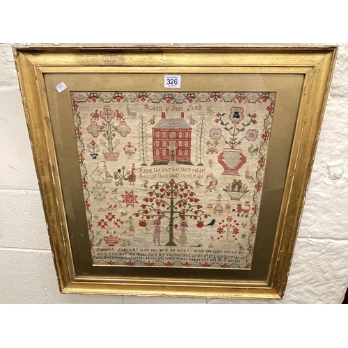 326 - Framed sampler 1830, and collection of 14 various framed watercolours and pastels.