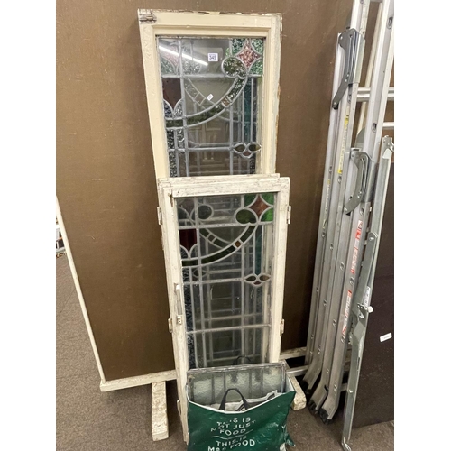 345 - Six coloured glass leaded windows 2x2x2, largest 171cm by 43cm.