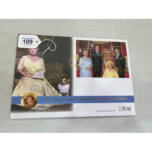 109 - 2000 gold full sovereign 'Her Majesty Queen Elizabeth, The Queen Mother' commemorative coin cover.