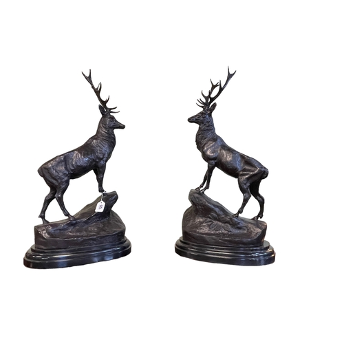 126 - Pair of large bronze stags on rocky outcrops mounted on marble stands, 75cm.