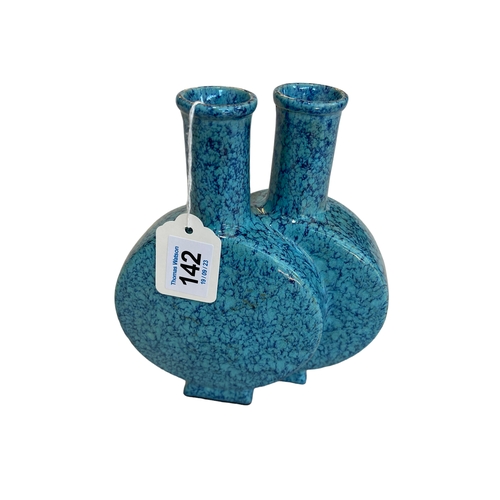 142 - Chinese blue glazed double flask vase with impressed seal mark, 19cm.