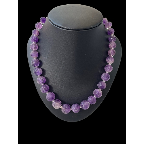 180 - Chinese amethyst bead necklace with hallmarked clasp, 42cm length.
