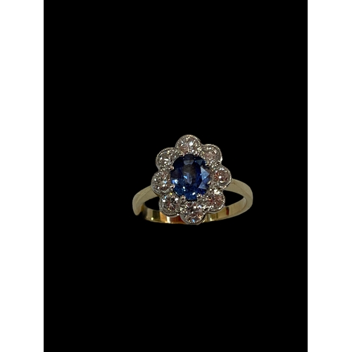 193 - Sapphire and diamond cluster 18 carat gold ring, the oval sapphire bordered with eight diamonds, siz... 