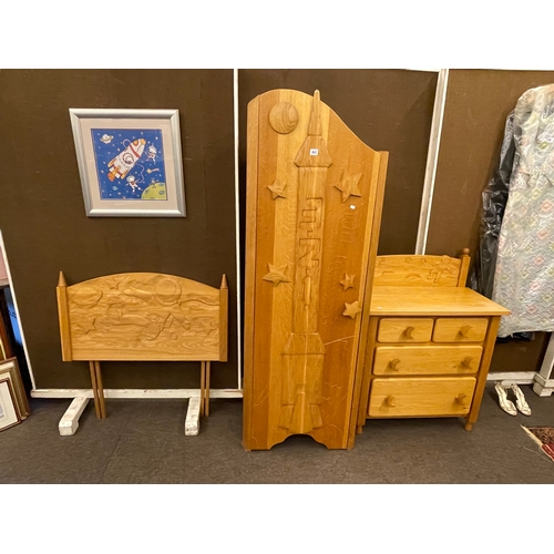 363 - Child's light oak space themed four piece bedroom suite comprising single door wardrobe, four drawer... 