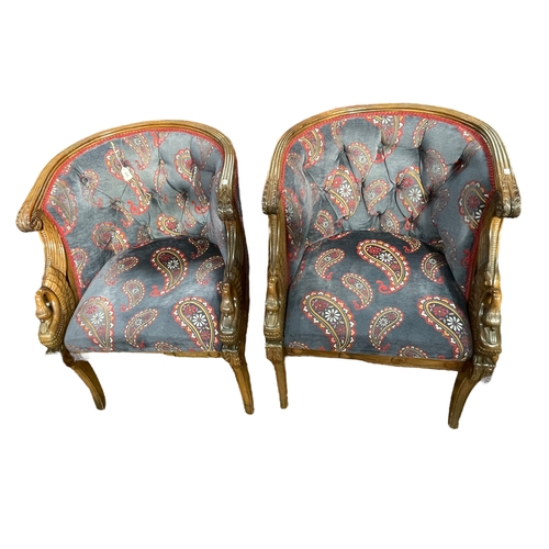 381 - Pair carved swan neck occasional tub chairs in blue patterned buttoned fabric.