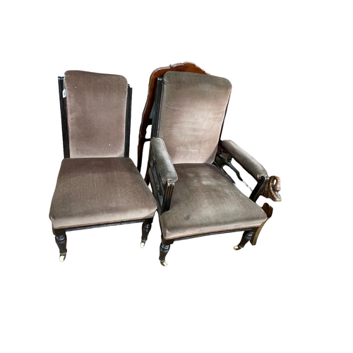 382 - Pair Victorian ladies and gents chairs on turned legs in mink draylon.