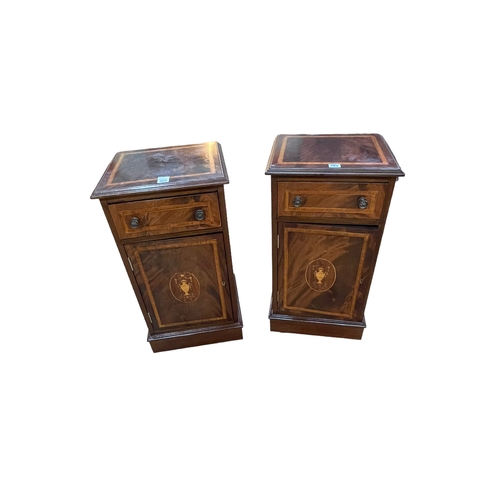 384 - Pair inlaid mahogany single drawer bedside cabinets, 71cm by 37cm by 32cm.