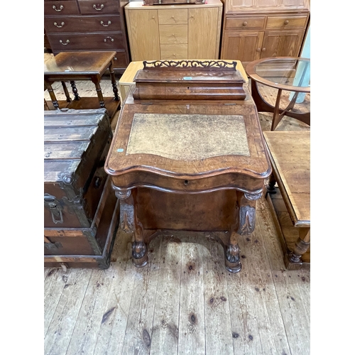 392 - Victorian walnut and satinwood inlaid serpentine front Davenport having upper stationery compartment... 