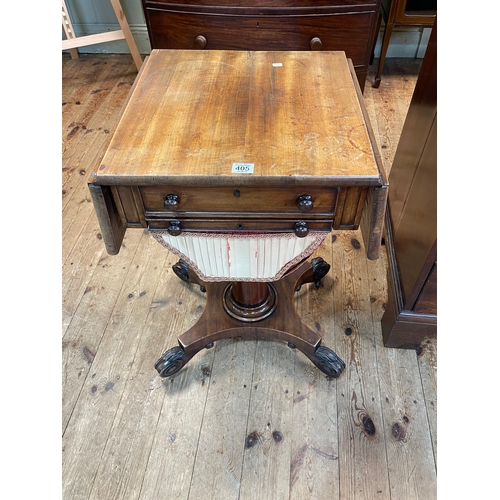 405 - Victorian mahogany drop leaf work table having frieze drawer above a deep sewing drawer on turned pe... 