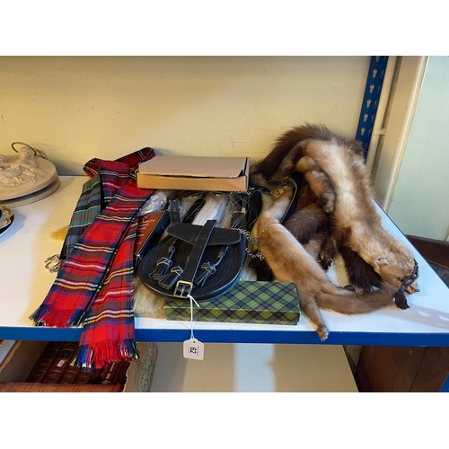 62 - Collection of fur stoles, Scottish kilt accessories, etc.