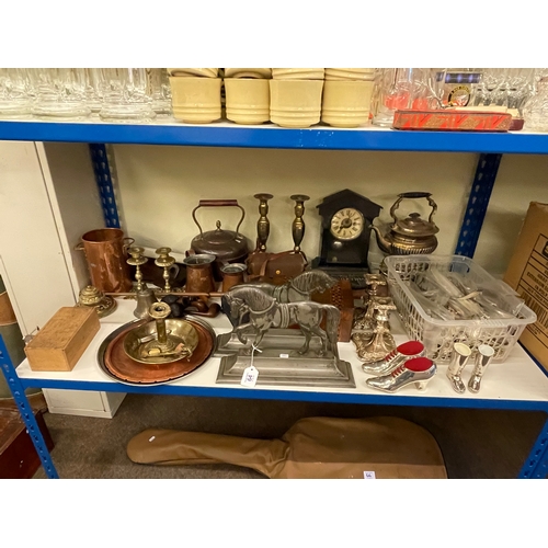 64 - Collection of metalwares including cutlery, candle holders, door stops, inlaid box, pipes, mantel cl... 