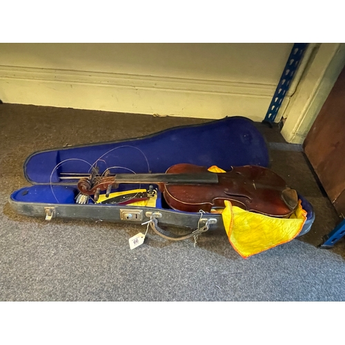 66 - Two guitars, inlaid Bouzouki in case and antique violin with label and case.