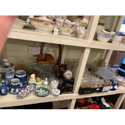 73 - Collection of early porcelain, glass, figurines, books, mantel clock, etc.