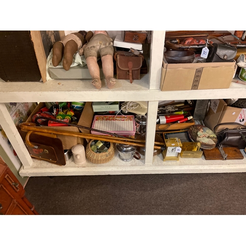 78 - Collection of kitchenalia, metal wares, linens, vintage toys, tins, etc.