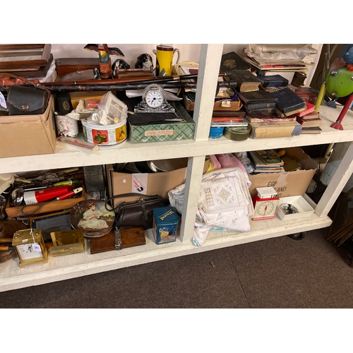 78 - Collection of kitchenalia, metal wares, linens, vintage toys, tins, etc.