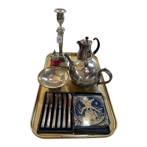 8 - Tray lot with silver mounted ruby caster, silver handle tea knives, EPNS wares and tile.