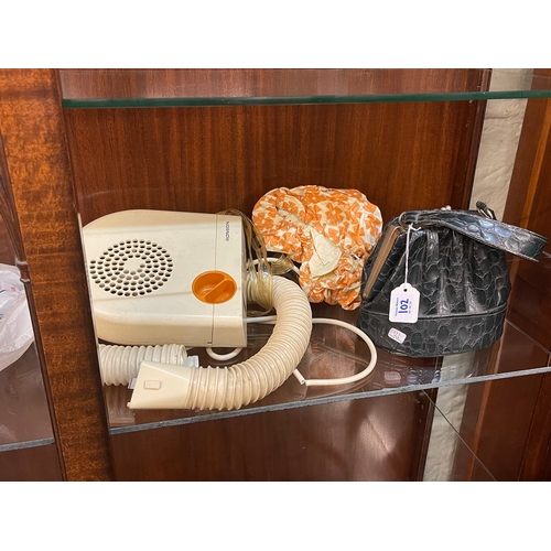 102 - Collection of vintage clothing, vintage hairdryer and bag.