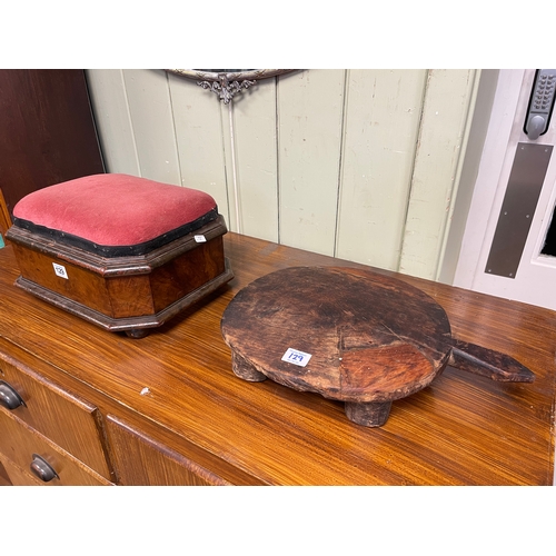 129 - Rustic hardwood bread board on four feet and a mahogany box stool.