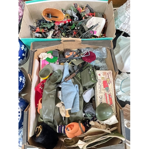 18 - Two boxes of toys including Pedigree Tommy gun items, model figures, etc.