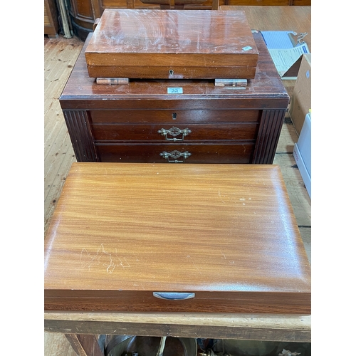 33 - Mahogany cutlery cabinet, canteen of community plate cutlery and canteen of fish eaters.