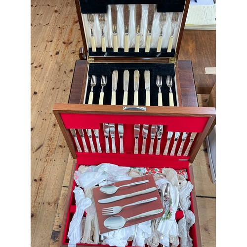 33 - Mahogany cutlery cabinet, canteen of community plate cutlery and canteen of fish eaters.