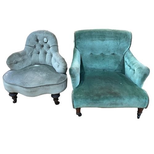 345 - Early 20th Century low deep armchair and Victorian shaped front seat chair.