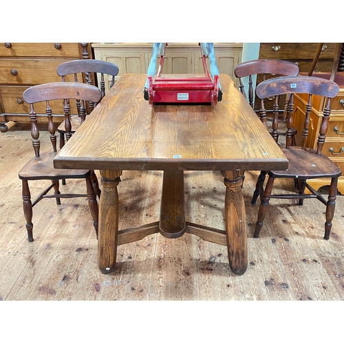 348 - Continental rectangular oak dining table and set of four Victorian farmhouse style kitchen chairs.