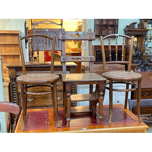 349 - Arts & Crafts oak metamorphic chair - library steps and pair Bentwood chairs (3).