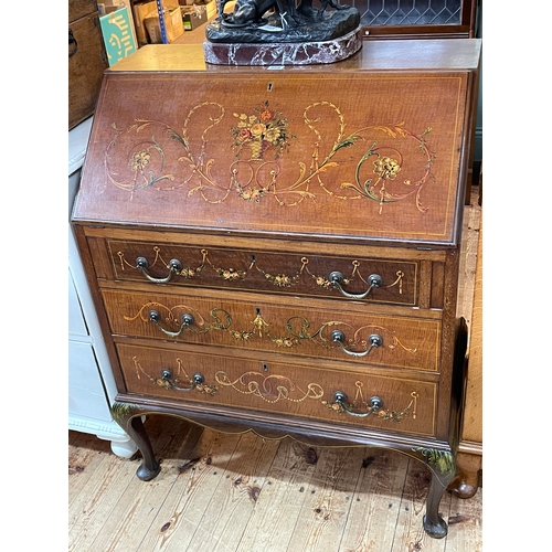 354 - Floral painted three drawer mahogany bureau, 100cm by 76cm by 46cm.