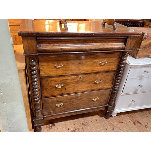 357 - Victorian chest of four long drawers with ½ bobbin pillars and turned legs, 118cm by 104cm by 49cm.