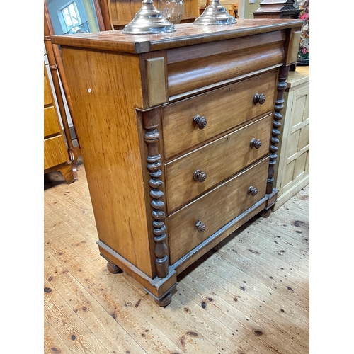 358 - Victorian mahogany chest of four long drawers with ½ twist pillars and bun feet, 124cm by 116cm by 5... 