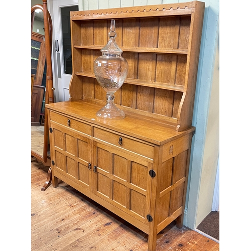 366 - Lyndon Hammel, Cat & Mouseman adzed oak dresser, the shelf back above two drawers with two cupboard ... 