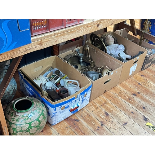 48 - Four boxes of brassware, metalware, doll, vases, china, etc.