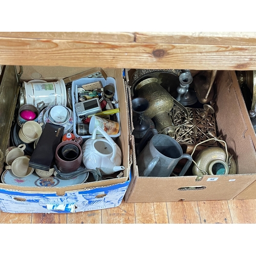 48 - Four boxes of brassware, metalware, doll, vases, china, etc.