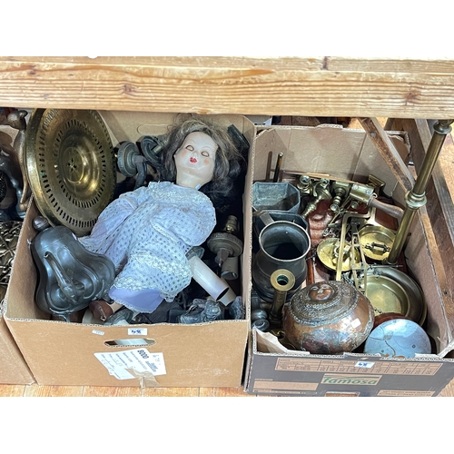 48 - Four boxes of brassware, metalware, doll, vases, china, etc.